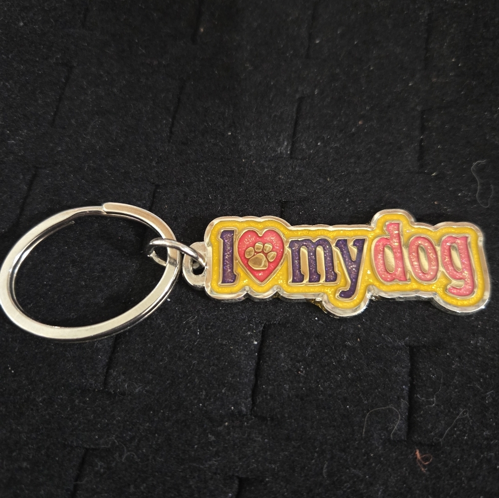 VINTAGE SWIBCO GLITTERY ENAMEL I LOVE MY DOG KEYCHAIN